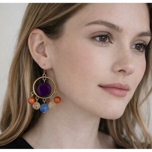 Boho Gold Tone Chandelier Drop Earrings Multi Color Beaded Statement Jewelry